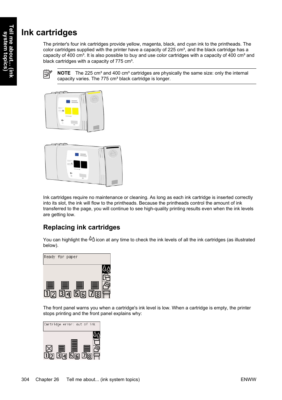 Ink cartridges, Replacing ink cartridges | HP Designjet 4500 Printer series User Manual | Page 318 / 360