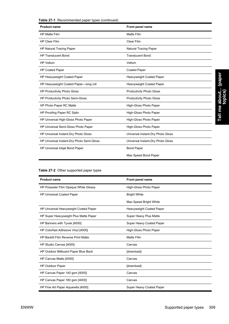 Tell me about... (paper topics), Enww supported paper types 309 | HP Designjet 4500 Printer series User Manual | Page 323 / 360
