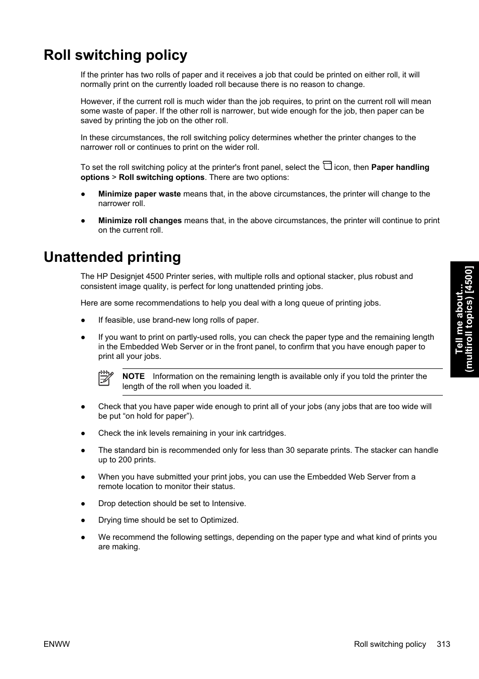 Roll switching policy, Unattended printing, Roll switching policy unattended printing | HP Designjet 4500 Printer series User Manual | Page 327 / 360