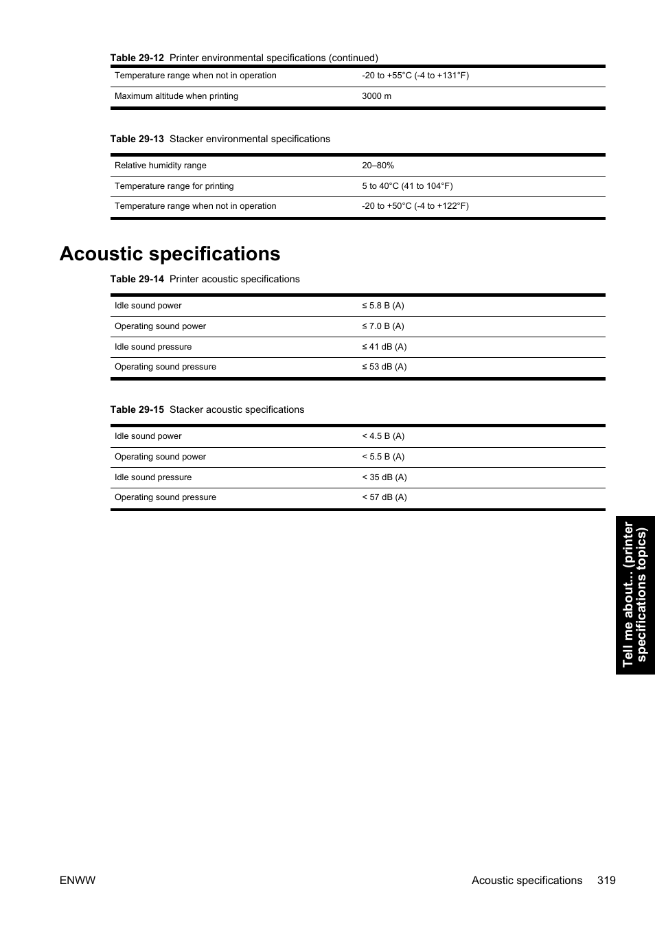 Acoustic specifications, Tell me about... (printer specifications topics) | HP Designjet 4500 Printer series User Manual | Page 333 / 360