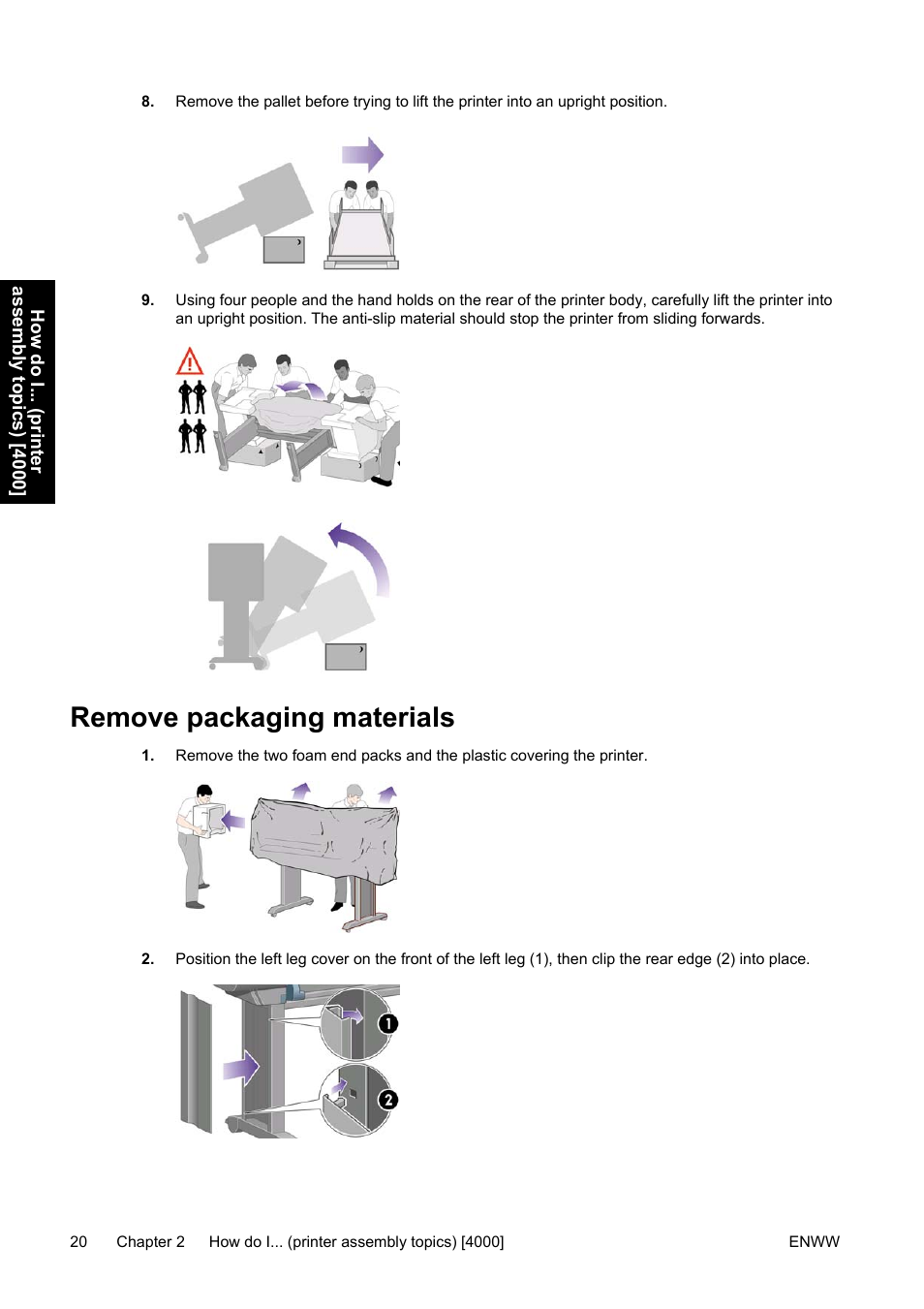 Remove packaging materials | HP Designjet 4500 Printer series User Manual | Page 34 / 360