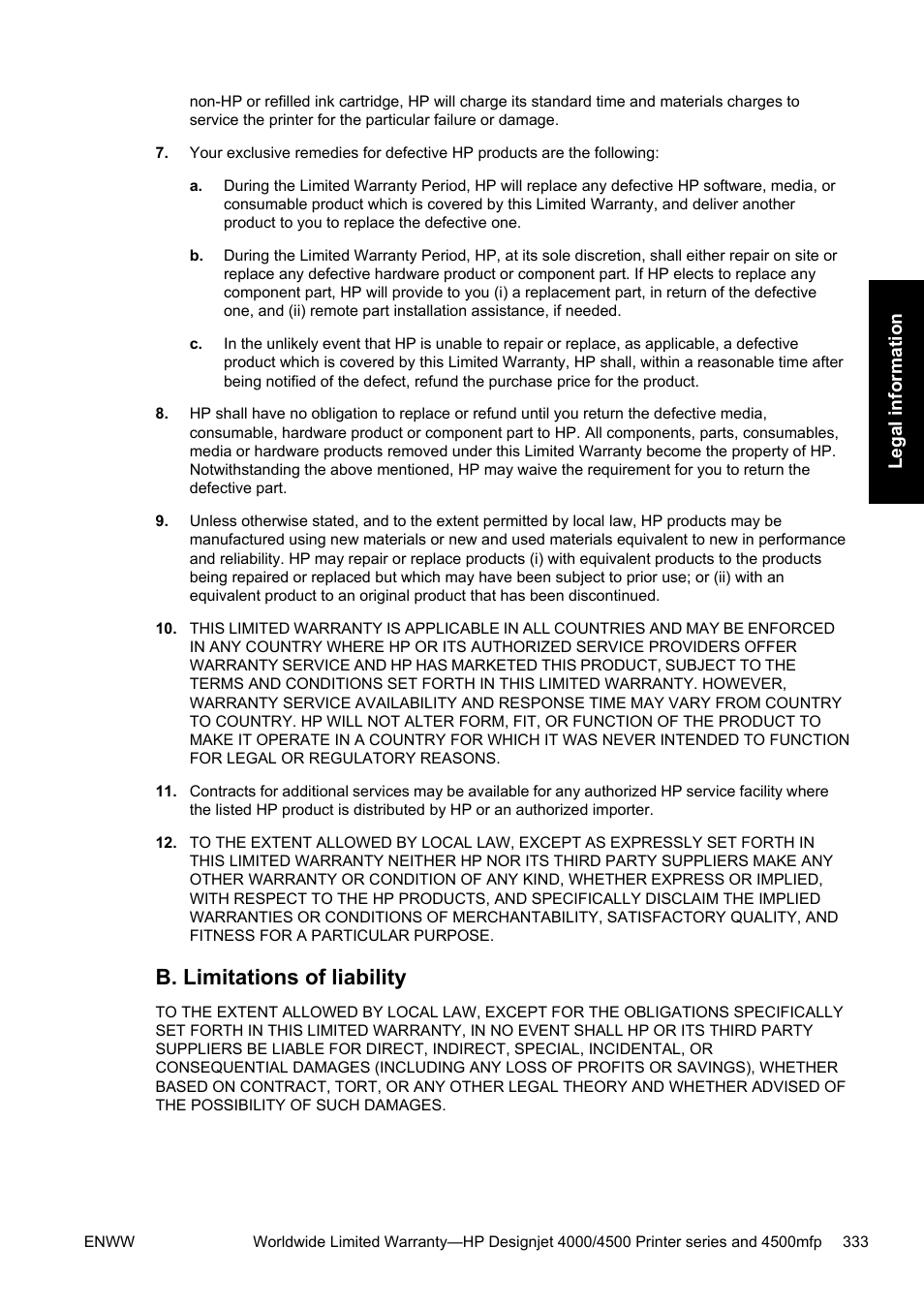 B. limitations of liability | HP Designjet 4500 Printer series User Manual | Page 347 / 360