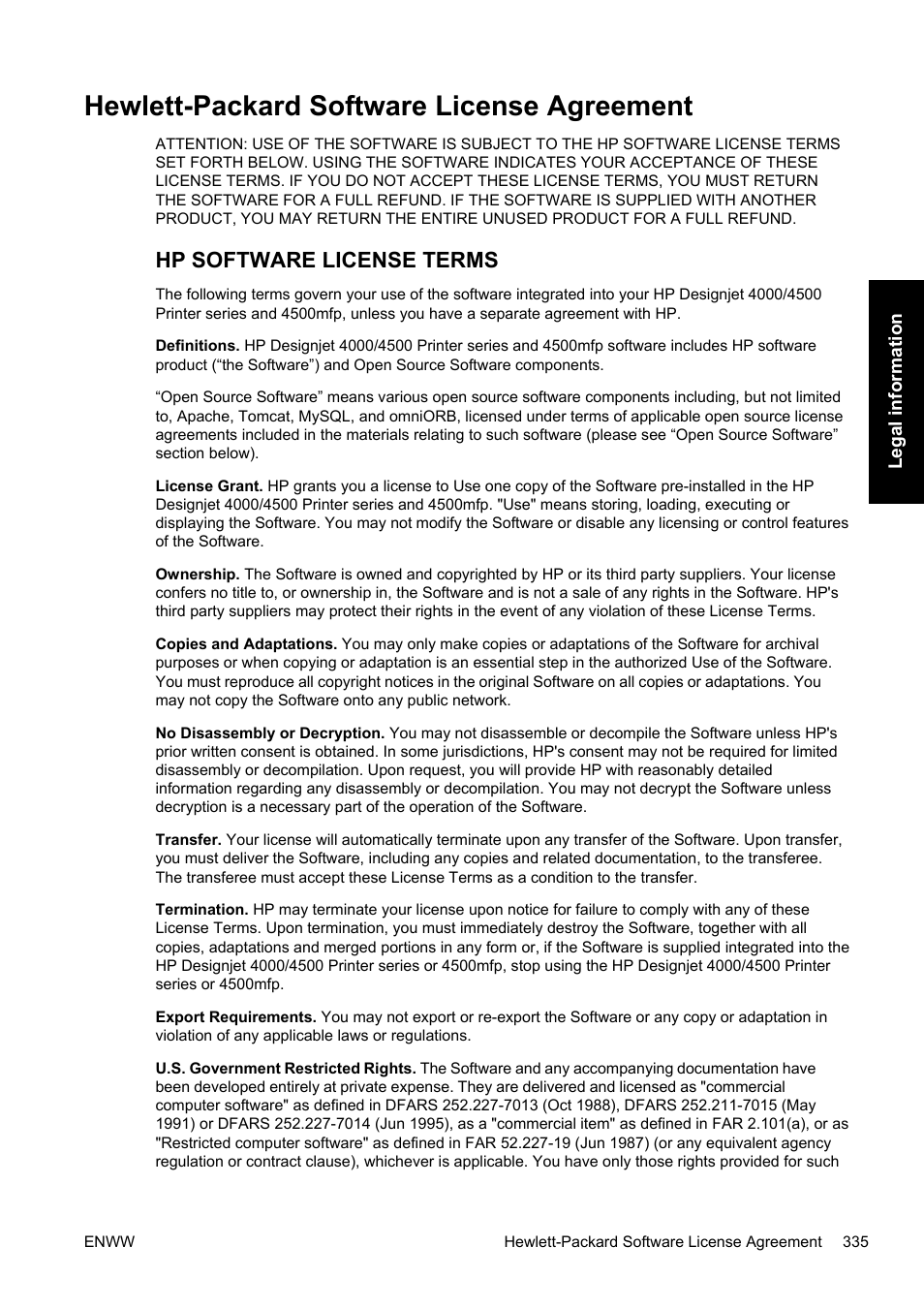 Hewlett-packard software license agreement, Hp software license terms | HP Designjet 4500 Printer series User Manual | Page 349 / 360