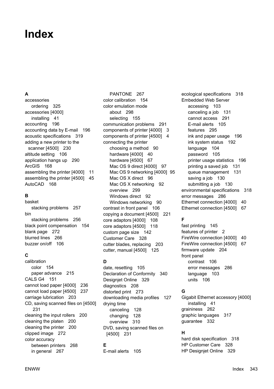 Index | HP Designjet 4500 Printer series User Manual | Page 357 / 360