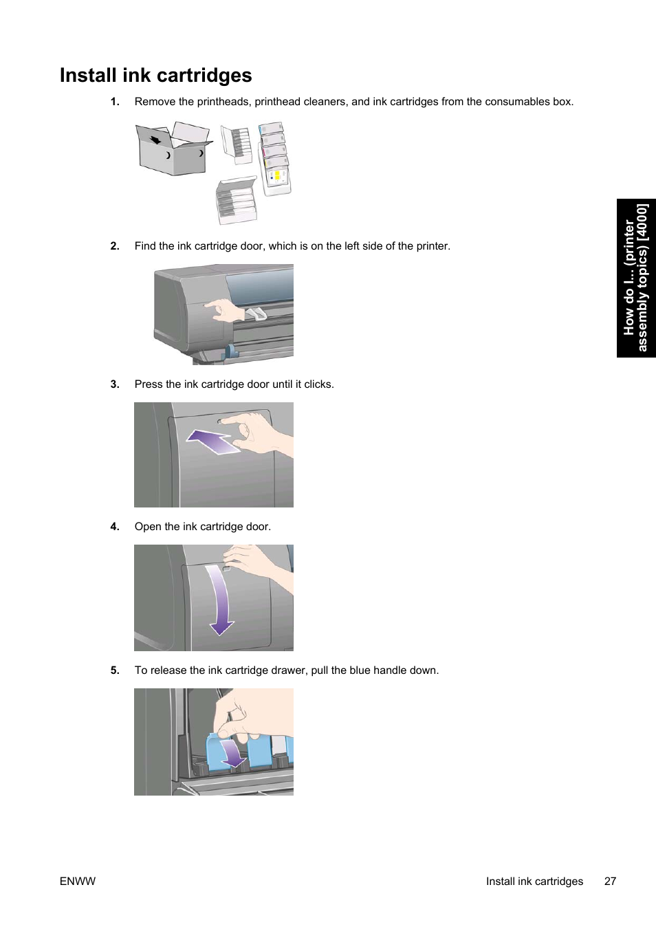 Install ink cartridges | HP Designjet 4500 Printer series User Manual | Page 41 / 360