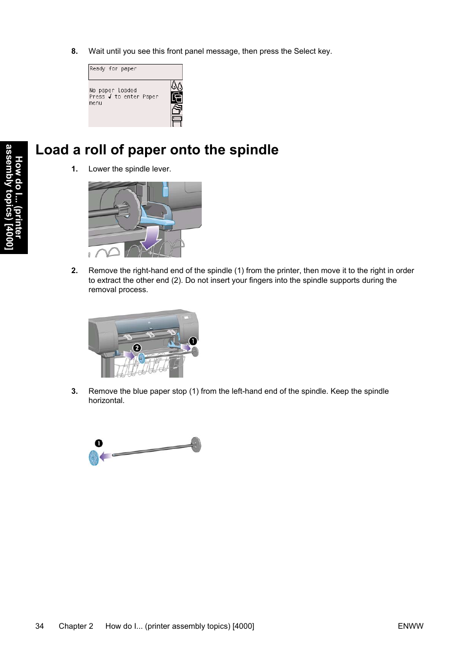 Load a roll of paper onto the spindle | HP Designjet 4500 Printer series User Manual | Page 48 / 360