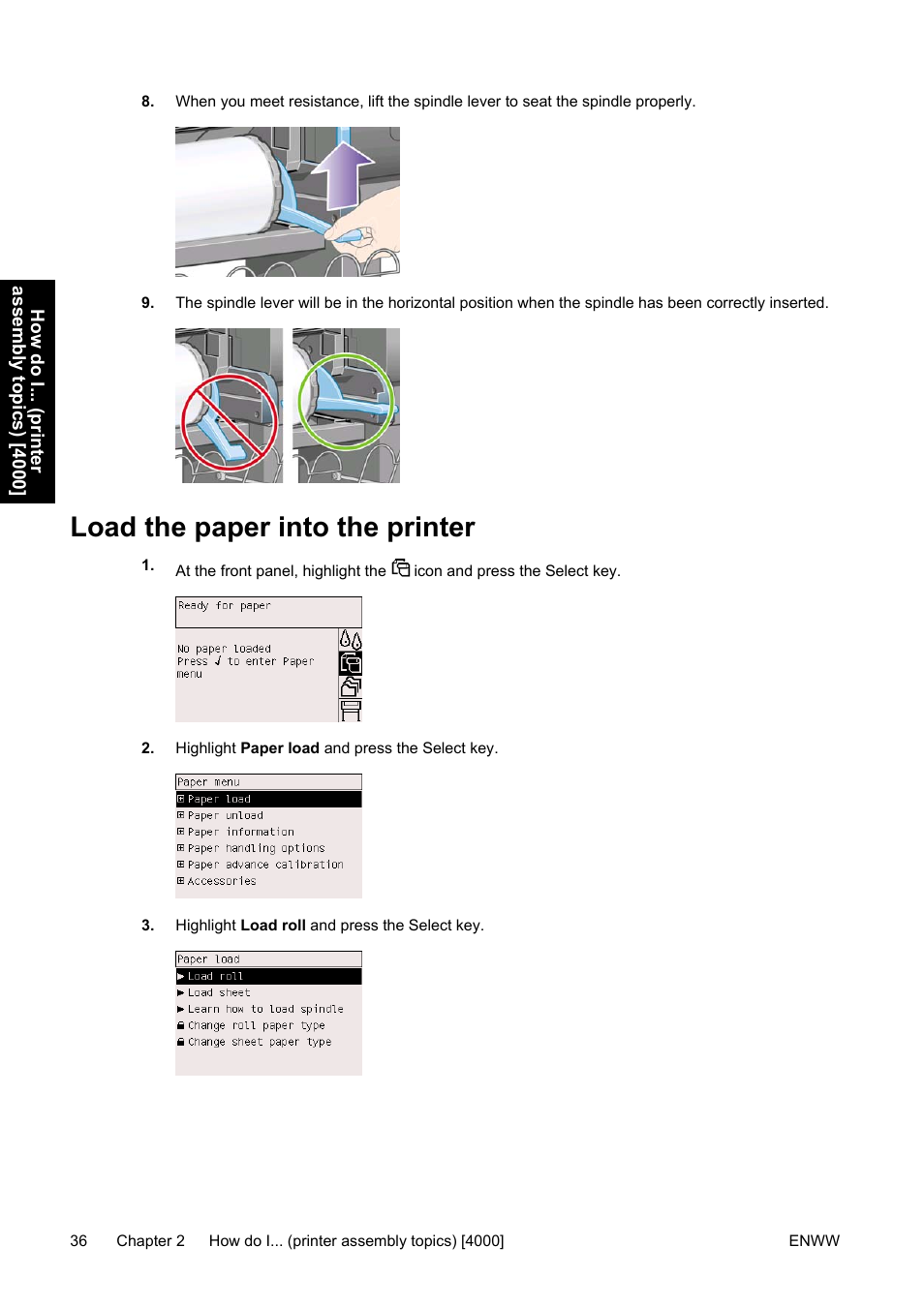 Load the paper into the printer | HP Designjet 4500 Printer series User Manual | Page 50 / 360