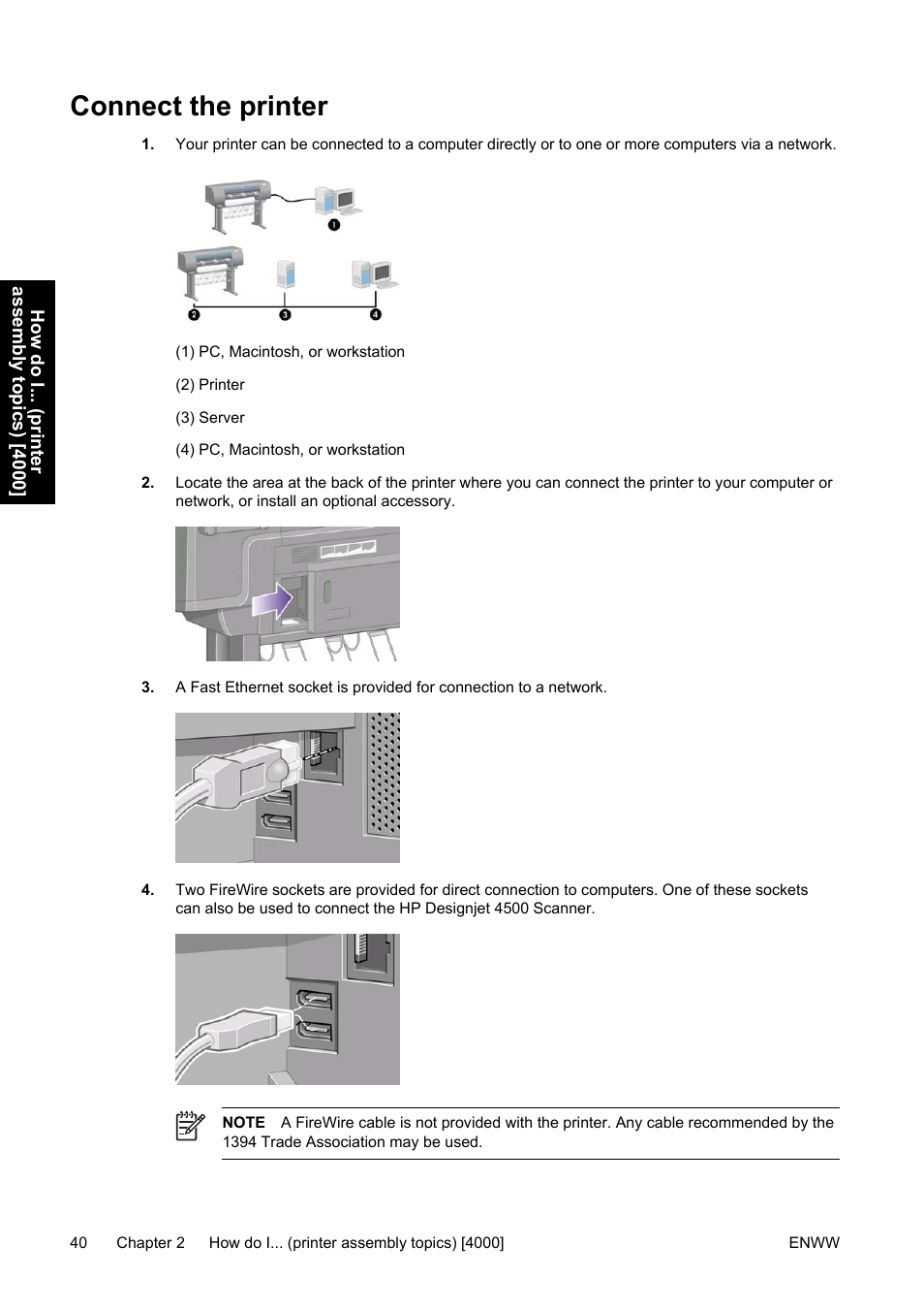 Connect the printer | HP Designjet 4500 Printer series User Manual | Page 54 / 360