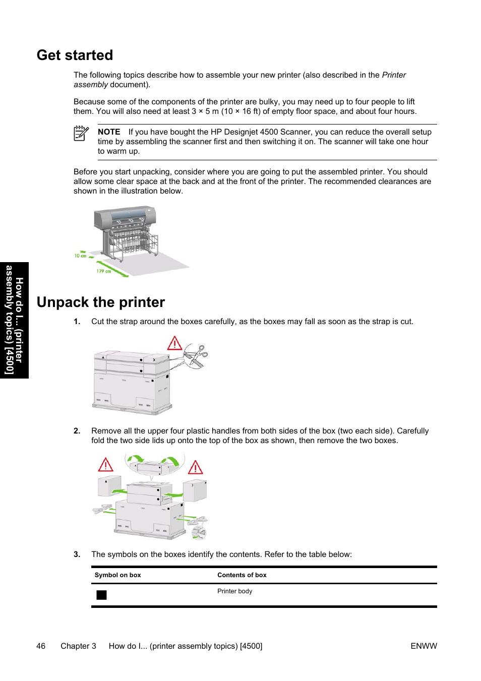 Get started, Unpack the printer | HP Designjet 4500 Printer series User Manual | Page 60 / 360
