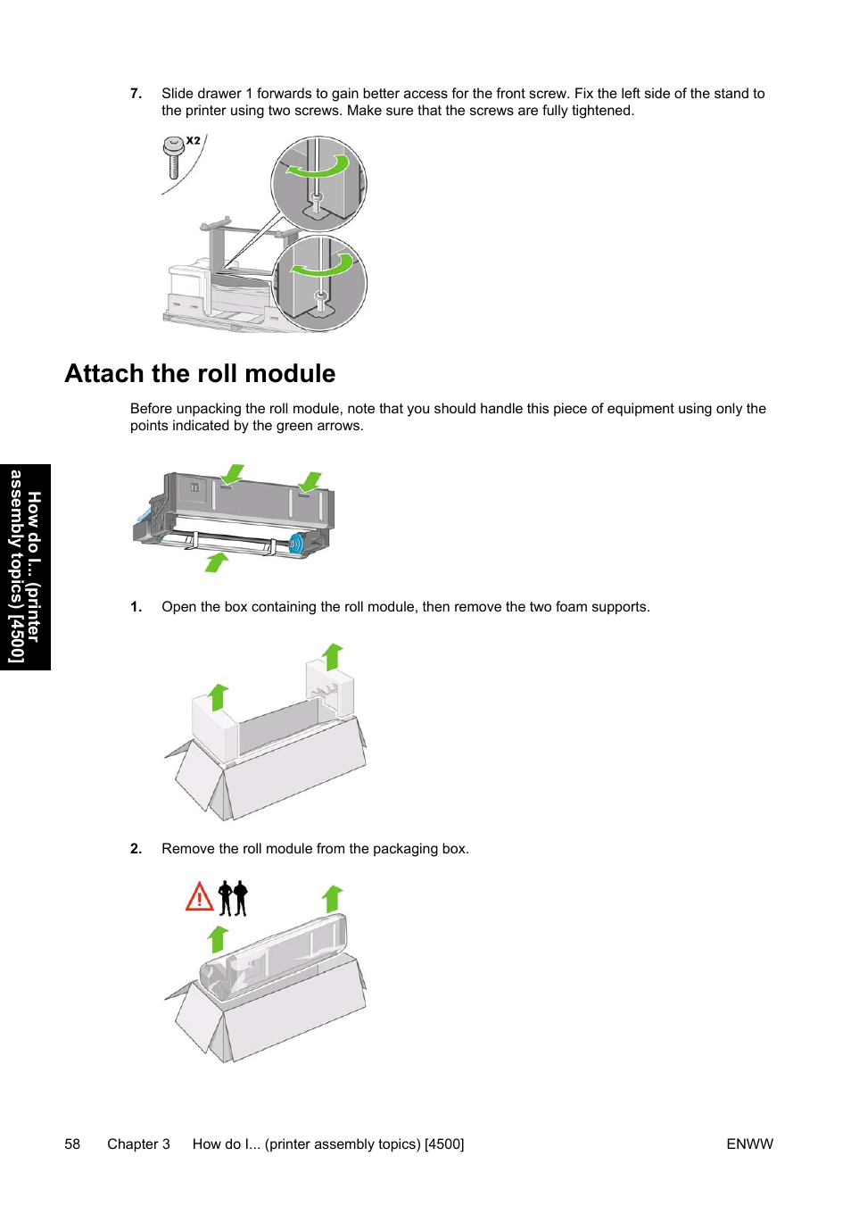 Attach the roll module | HP Designjet 4500 Printer series User Manual | Page 72 / 360