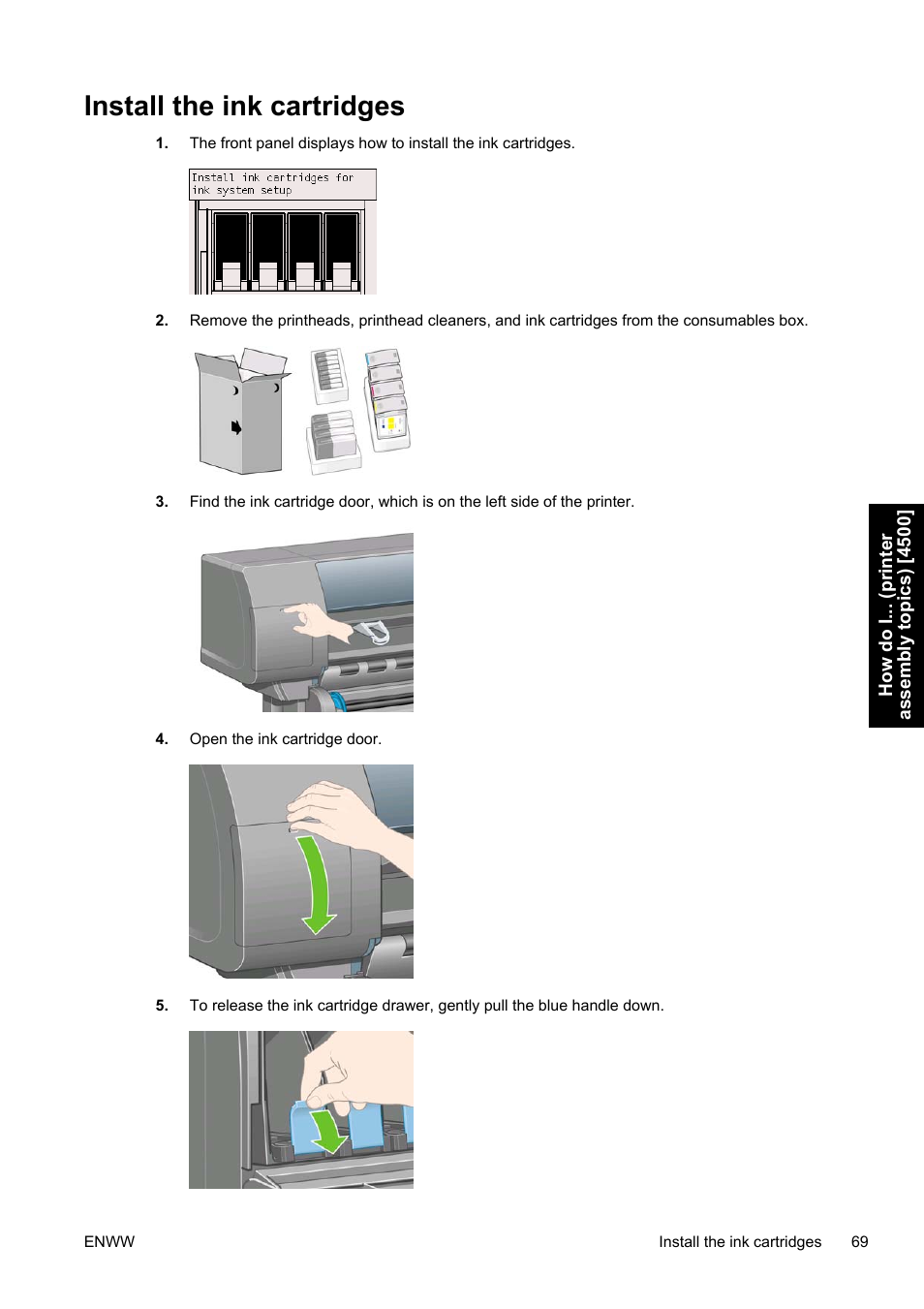 Install the ink cartridges | HP Designjet 4500 Printer series User Manual | Page 83 / 360