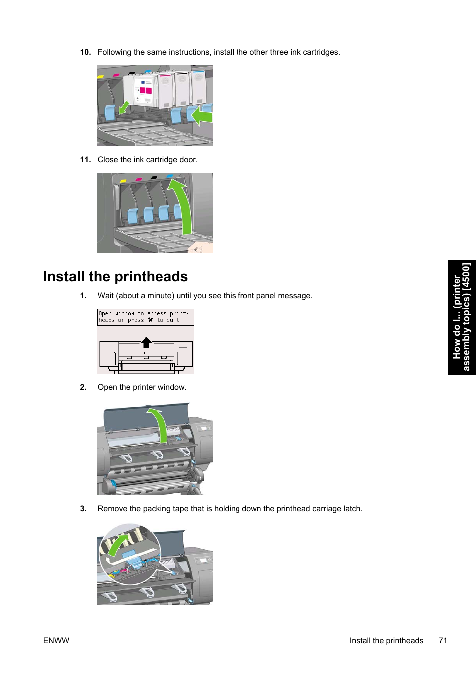 Install the printheads | HP Designjet 4500 Printer series User Manual | Page 85 / 360