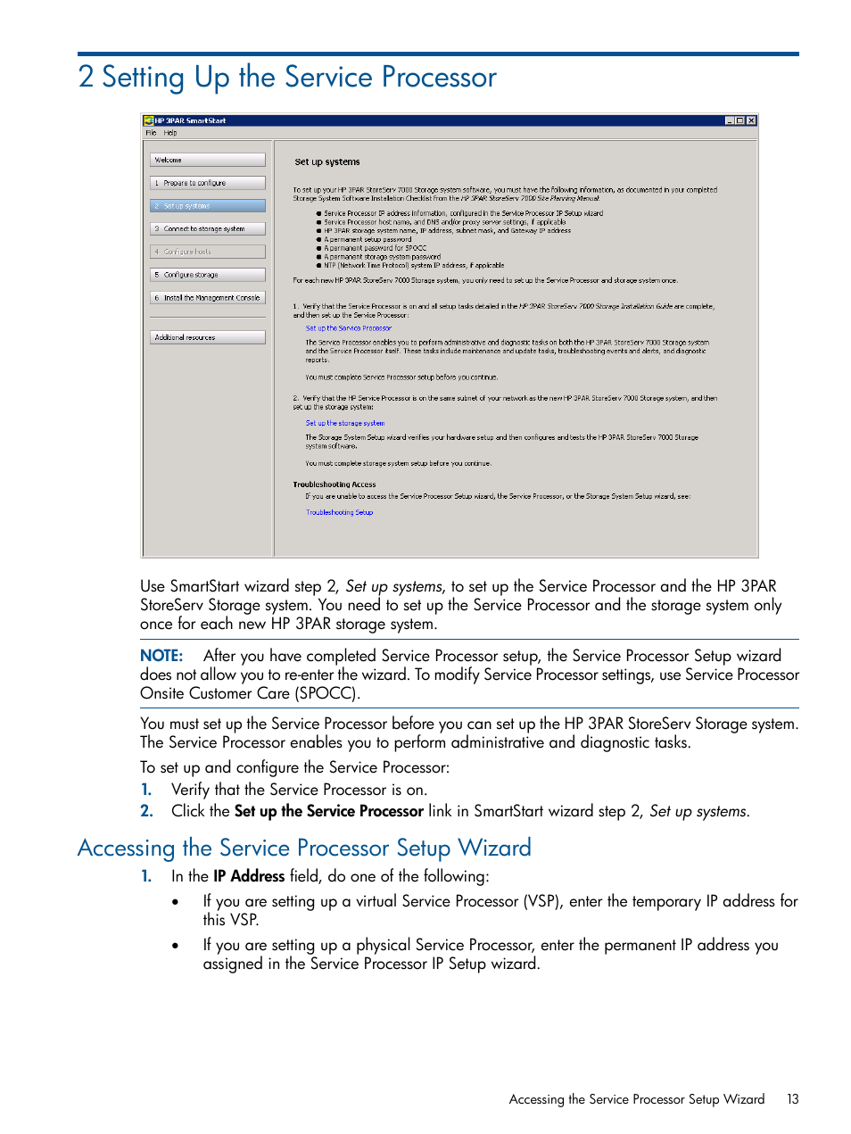 2 setting up the service processor, Accessing the service processor setup wizard | HP 3PAR Operating System Software Licenses User Manual | Page 13 / 63