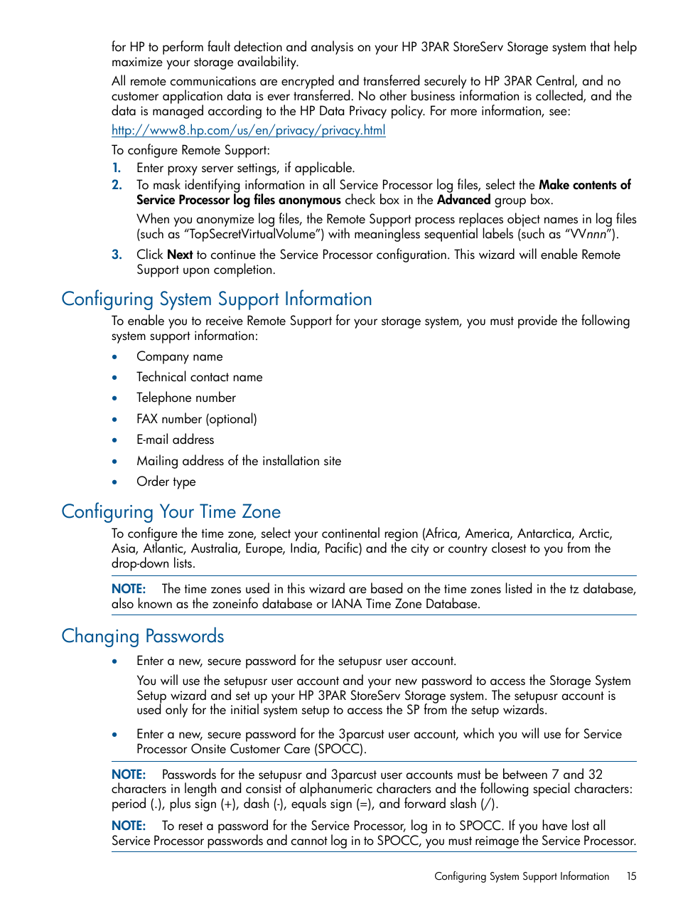Configuring system support information, Configuring your time zone, Changing passwords | HP 3PAR Operating System Software Licenses User Manual | Page 15 / 63