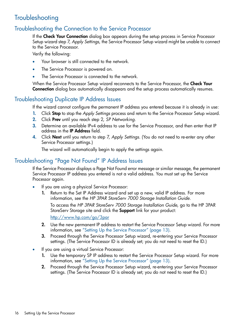 Troubleshooting, Troubleshooting duplicate ip address issues, Troubleshooting “page not found” ip address issues | HP 3PAR Operating System Software Licenses User Manual | Page 16 / 63