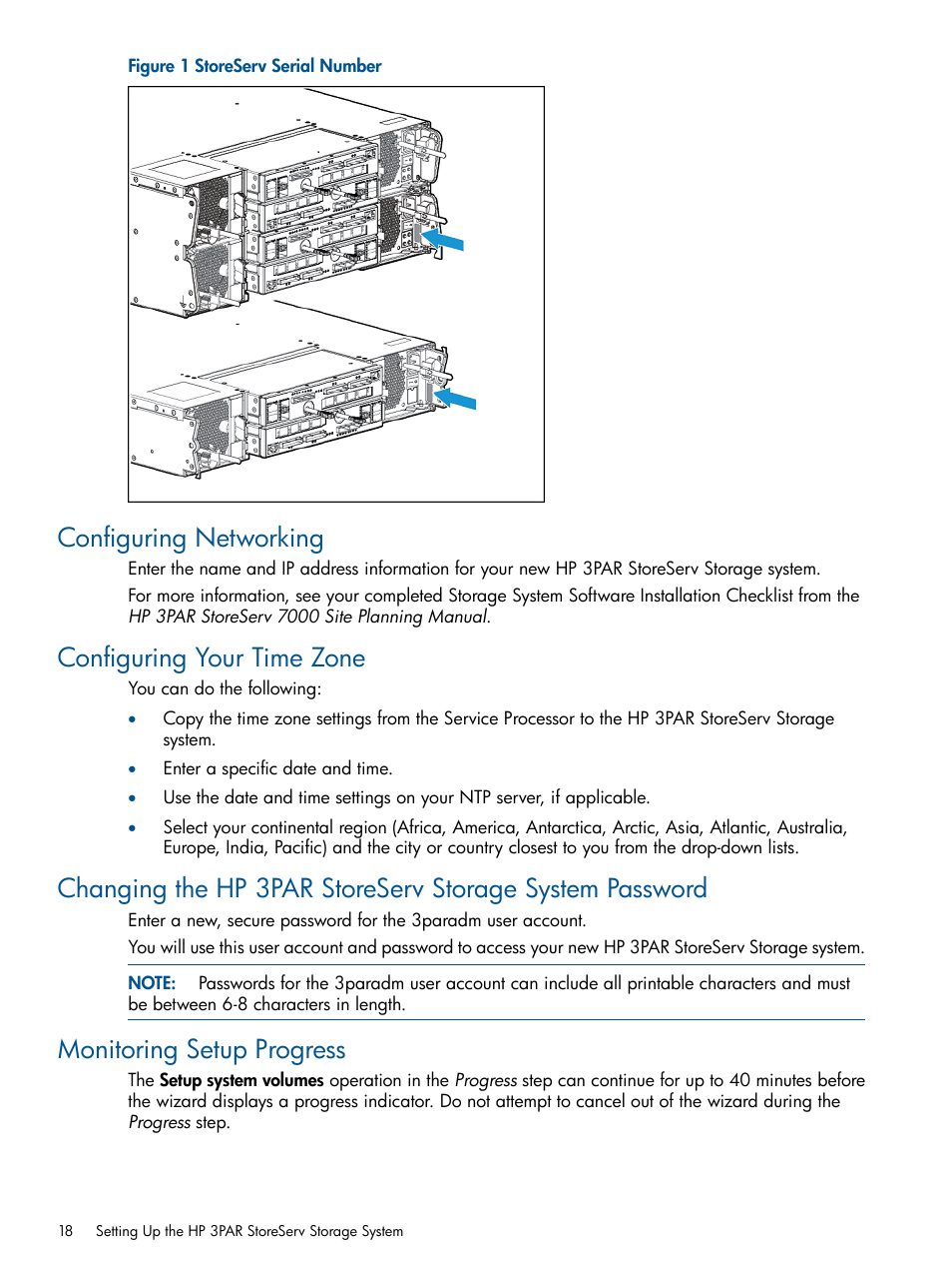 Configuring networking, Configuring your time zone, Monitoring setup progress | HP 3PAR Operating System Software Licenses User Manual | Page 18 / 63