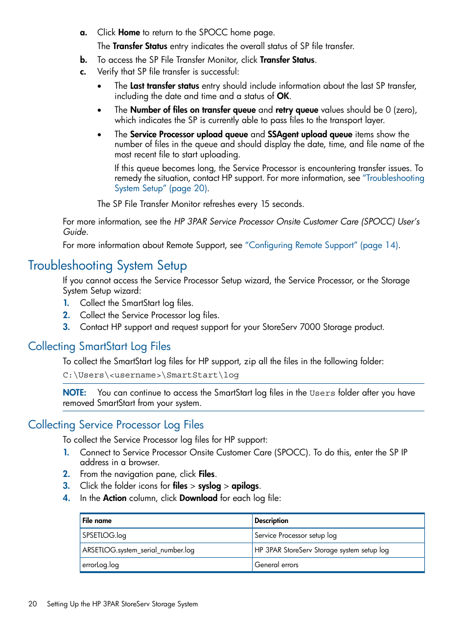 Troubleshooting system setup, Collecting smartstart log files, Collecting service processor log files | HP 3PAR Operating System Software Licenses User Manual | Page 20 / 63