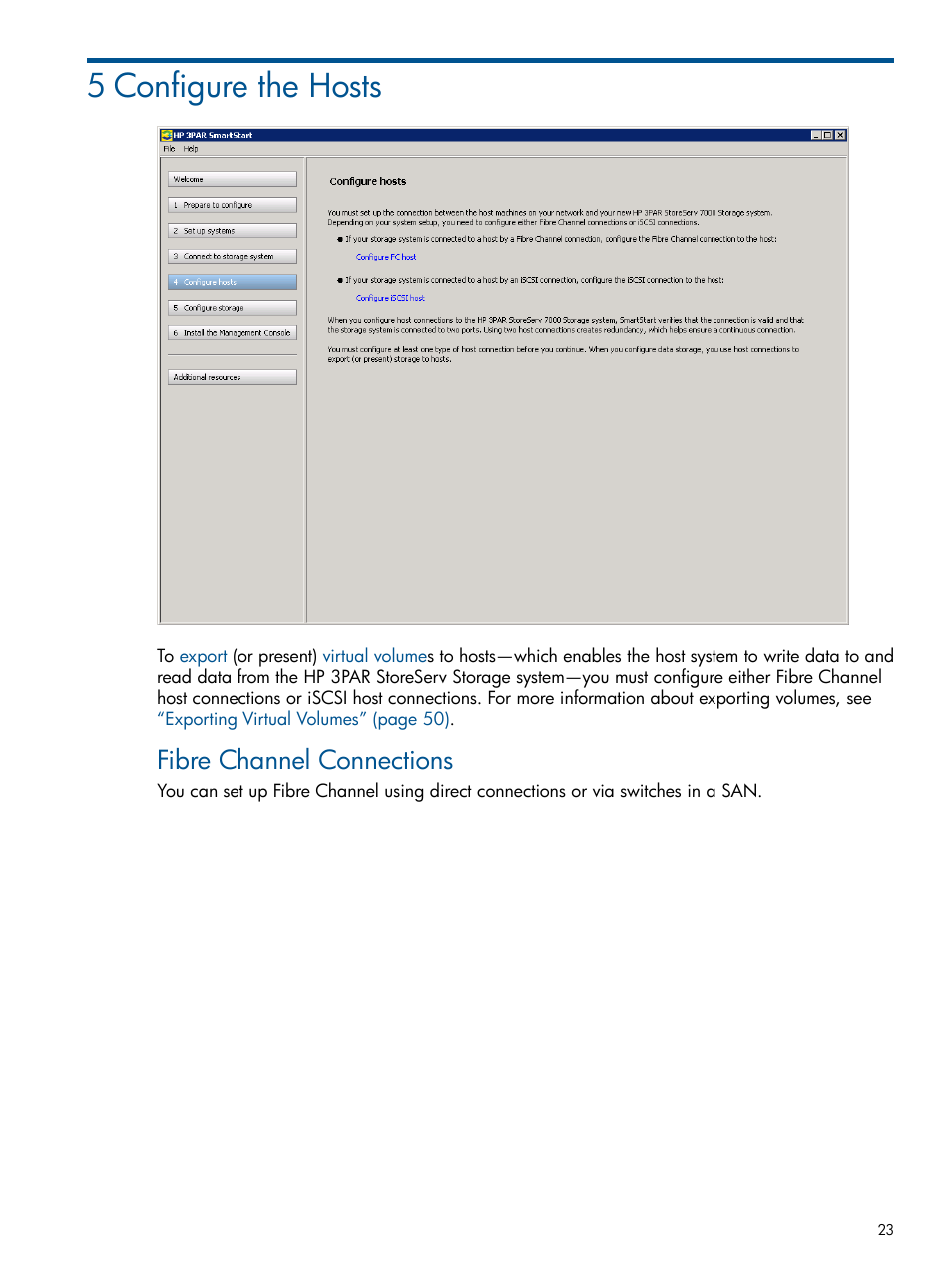 5 configure the hosts, Fibre channel connections | HP 3PAR Operating System Software Licenses User Manual | Page 23 / 63