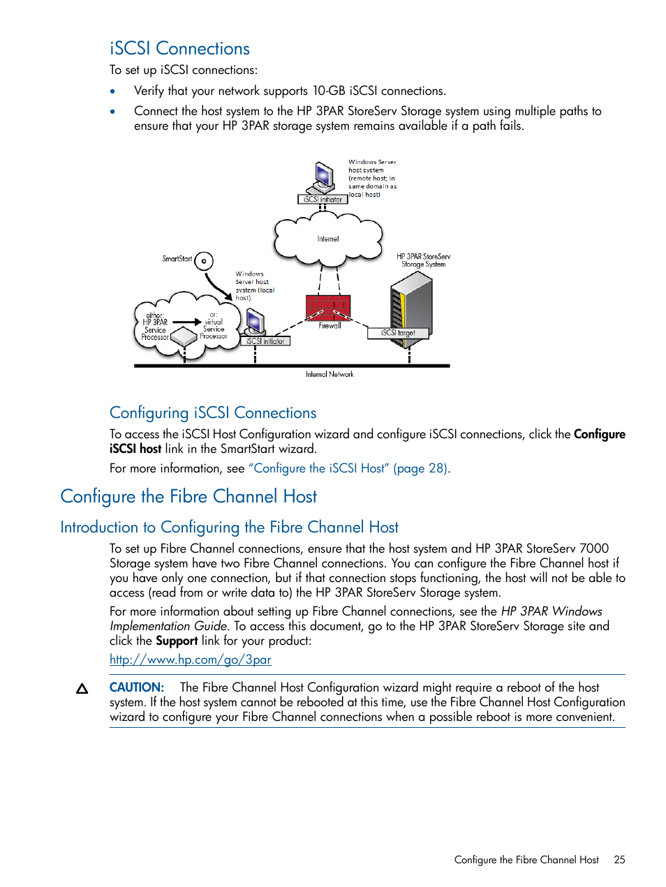 Configure the fibre channel host, Introduction to configuring the fibre channel host, Iscsi connections | Configuring iscsi connections | HP 3PAR Operating System Software Licenses User Manual | Page 25 / 63