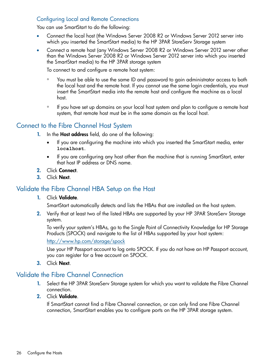 Connect to the fibre channel host system, Validate the fibre channel hba setup on the host, Validate the fibre channel connection | HP 3PAR Operating System Software Licenses User Manual | Page 26 / 63
