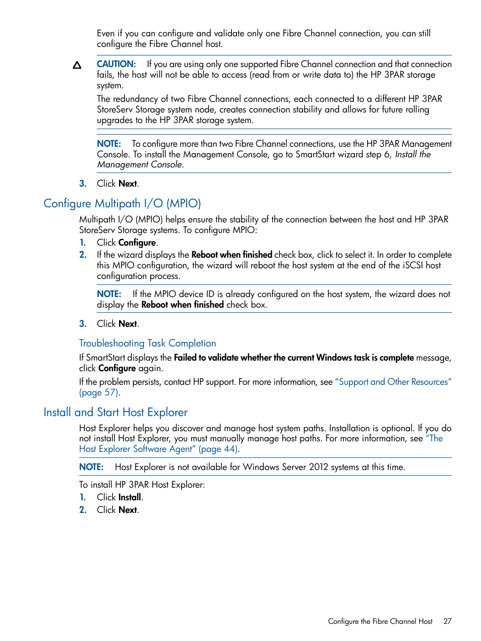 Configure multipath i/o (mpio), Install and start host explorer | HP 3PAR Operating System Software Licenses User Manual | Page 27 / 63