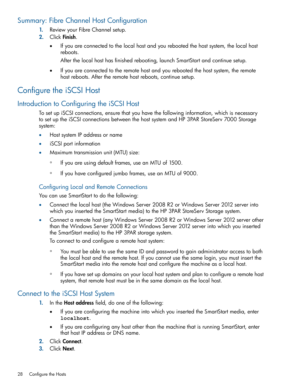 Summary: fibre channel host configuration, Configure the iscsi host, Introduction to configuring the iscsi host | Connect to the iscsi host system | HP 3PAR Operating System Software Licenses User Manual | Page 28 / 63