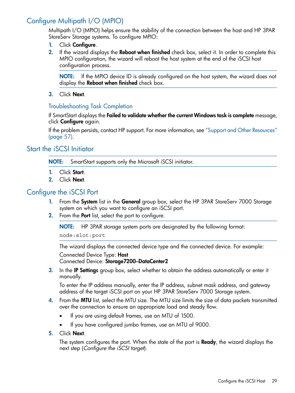 Configure multipath i/o (mpio), Start the iscsi initiator, Configure the iscsi port | HP 3PAR Operating System Software Licenses User Manual | Page 29 / 63