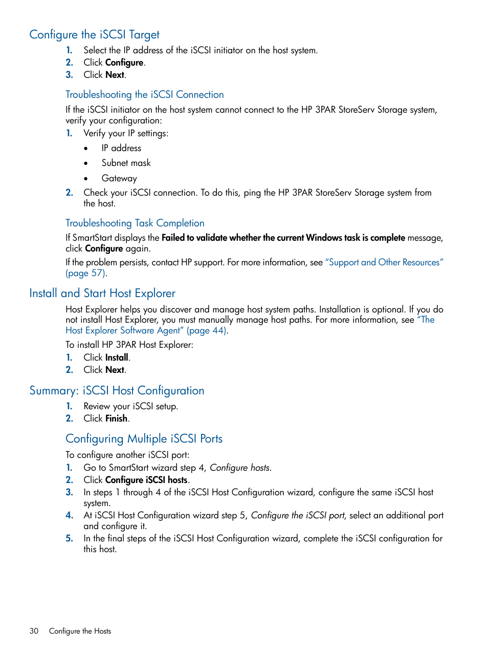 Configure the iscsi target, Install and start host explorer, Summary: iscsi host configuration | Configuring multiple iscsi ports | HP 3PAR Operating System Software Licenses User Manual | Page 30 / 63