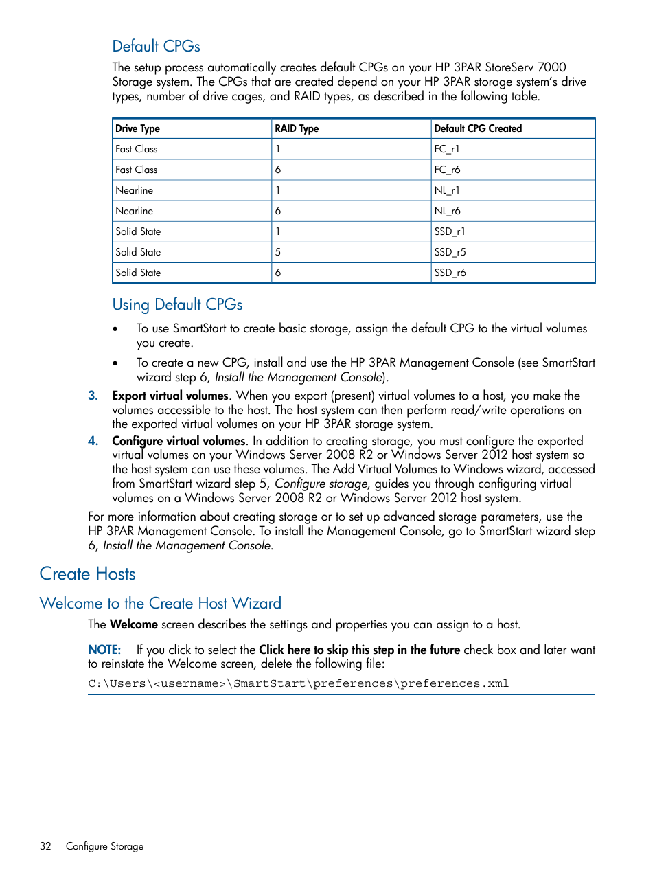 Create hosts, Welcome to the create host wizard, Default cpgs | Using default cpgs | HP 3PAR Operating System Software Licenses User Manual | Page 32 / 63