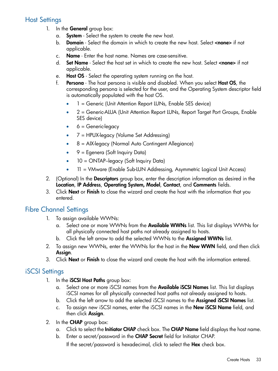 Host settings, Fibre channel settings, Iscsi settings | HP 3PAR Operating System Software Licenses User Manual | Page 33 / 63