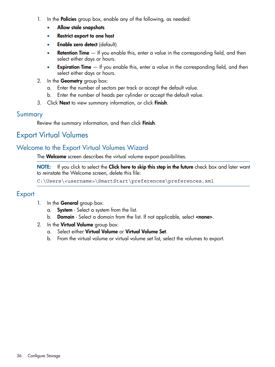 Summary, Export virtual volumes, Welcome to the export virtual volumes wizard | Export | HP 3PAR Operating System Software Licenses User Manual | Page 36 / 63