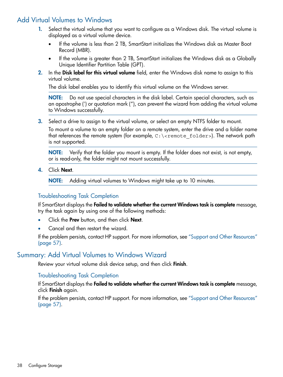 Add virtual volumes to windows, Summary: add virtual volumes to windows wizard | HP 3PAR Operating System Software Licenses User Manual | Page 38 / 63