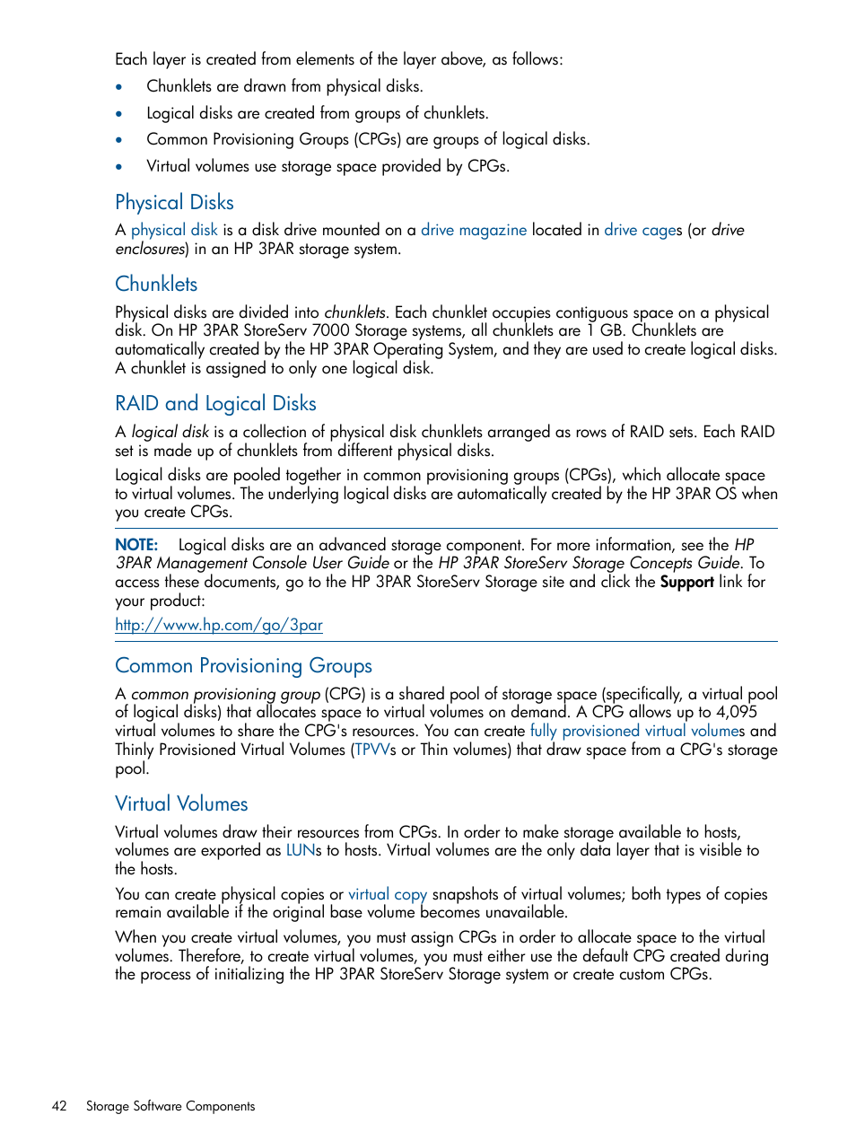Physical disks, Chunklets, Raid and logical disks | Common provisioning groups, Virtual volumes | HP 3PAR Operating System Software Licenses User Manual | Page 42 / 63