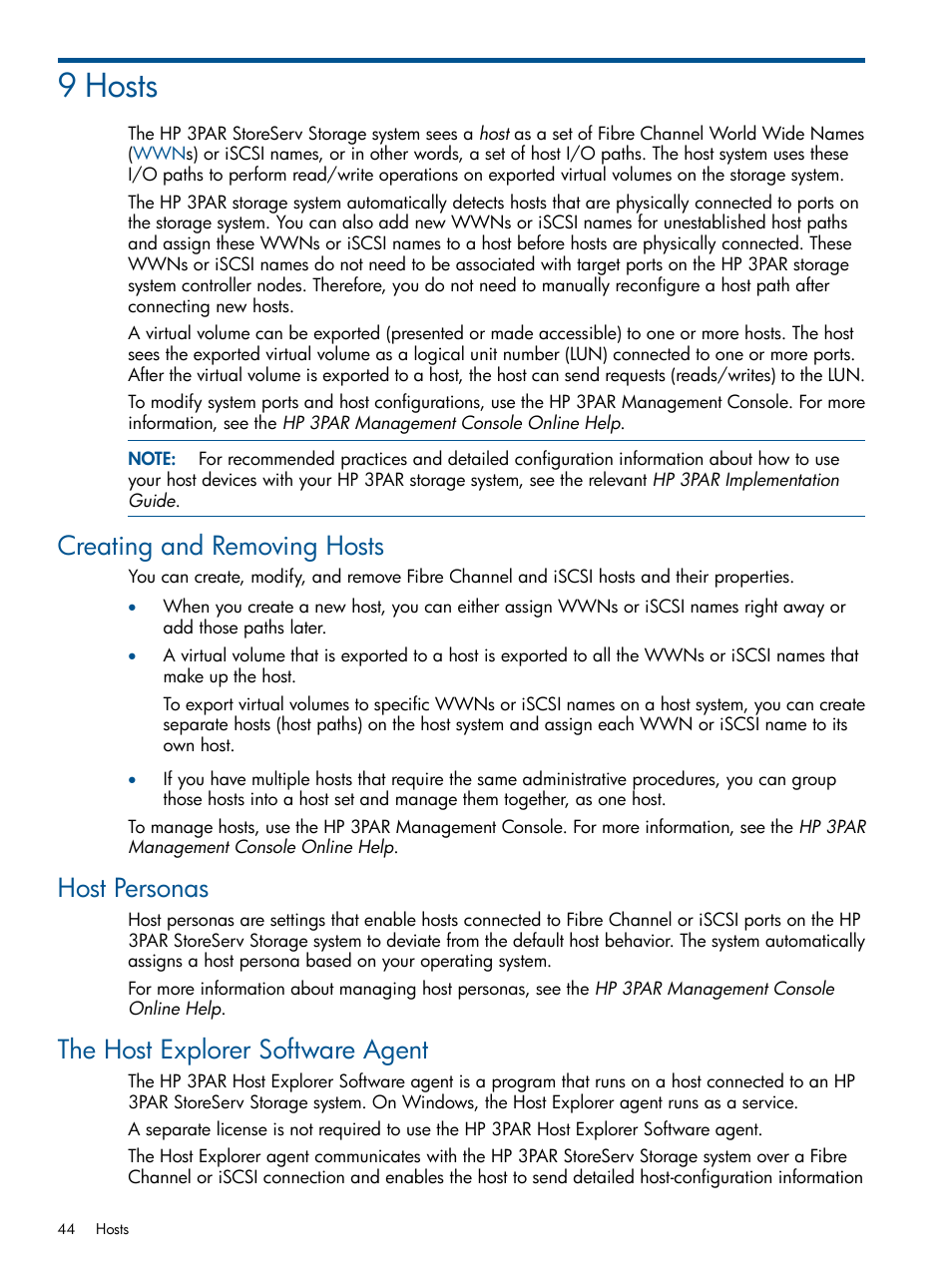 9 hosts, Creating and removing hosts, Host personas | The host explorer software agent | HP 3PAR Operating System Software Licenses User Manual | Page 44 / 63