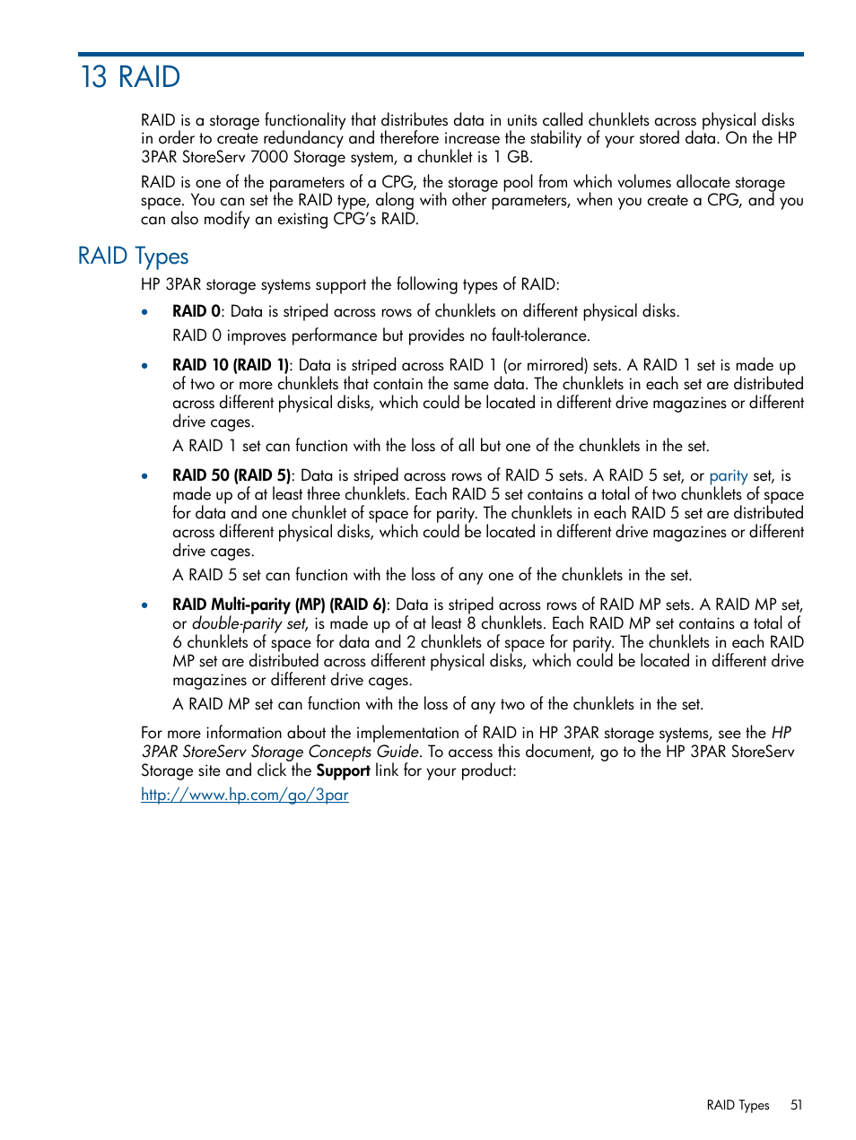 13 raid, Raid types | HP 3PAR Operating System Software Licenses User Manual | Page 51 / 63