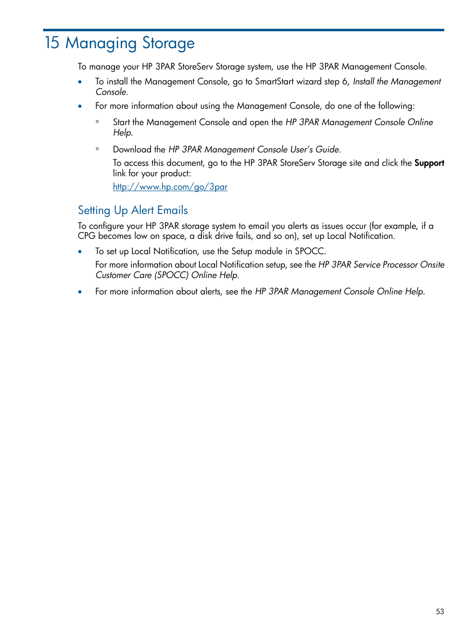 15 managing storage, Setting up alert emails | HP 3PAR Operating System Software Licenses User Manual | Page 53 / 63