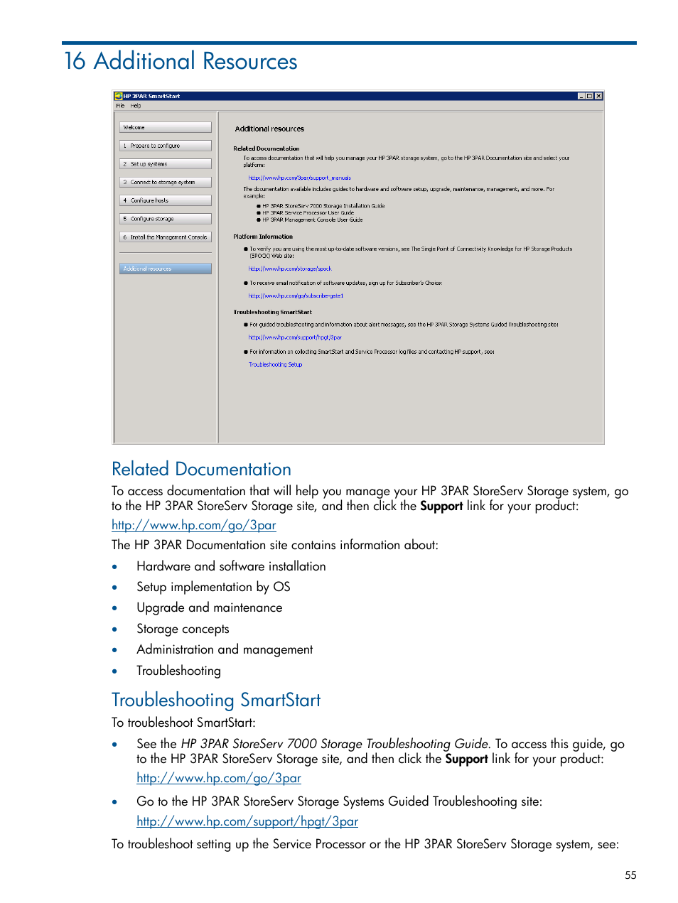 16 additional resources, Related documentation, Troubleshooting smartstart | HP 3PAR Operating System Software Licenses User Manual | Page 55 / 63