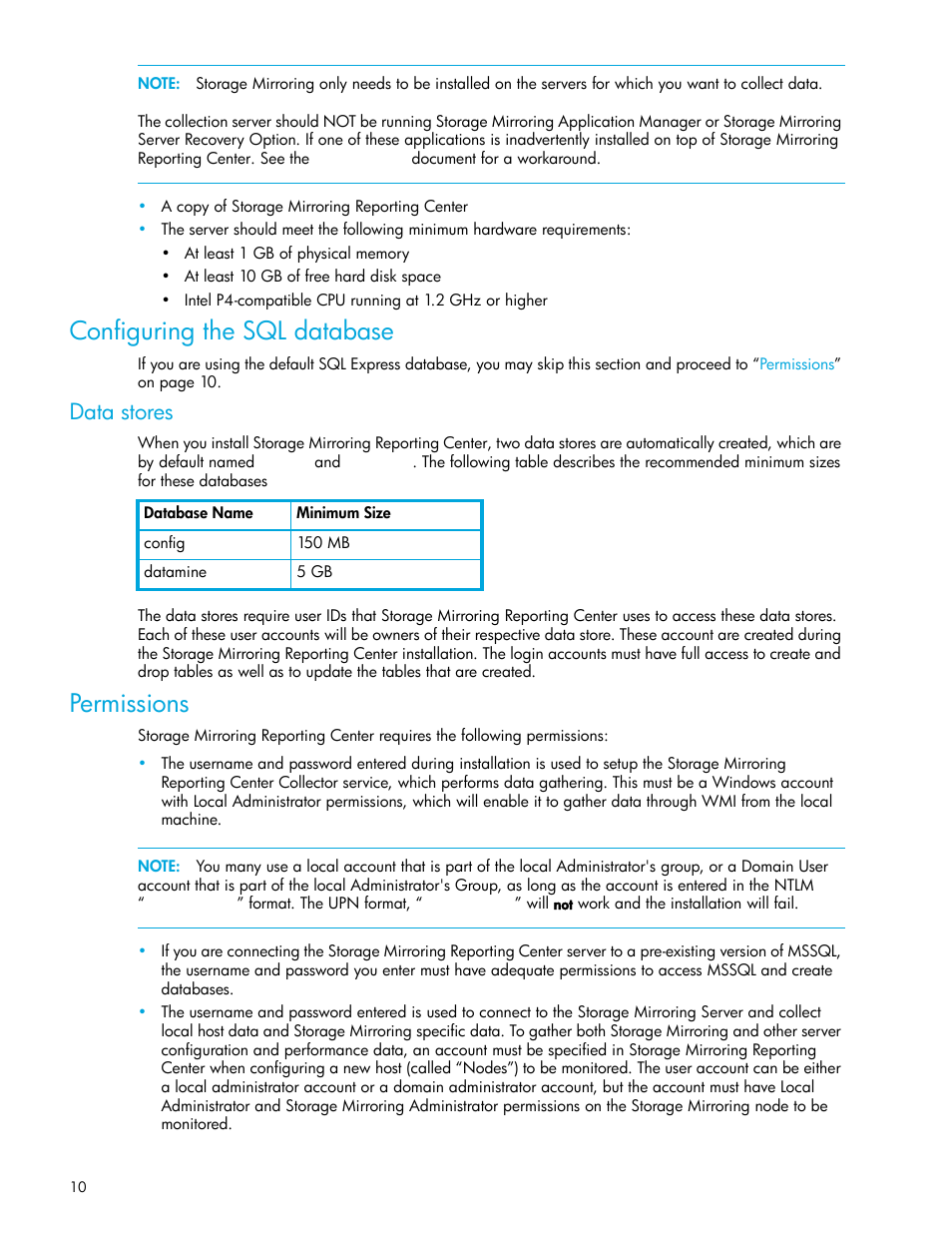 Configuring the sql database, Data stores, Permissions | HP Storage Mirroring V5 Software User Manual | Page 10 / 50