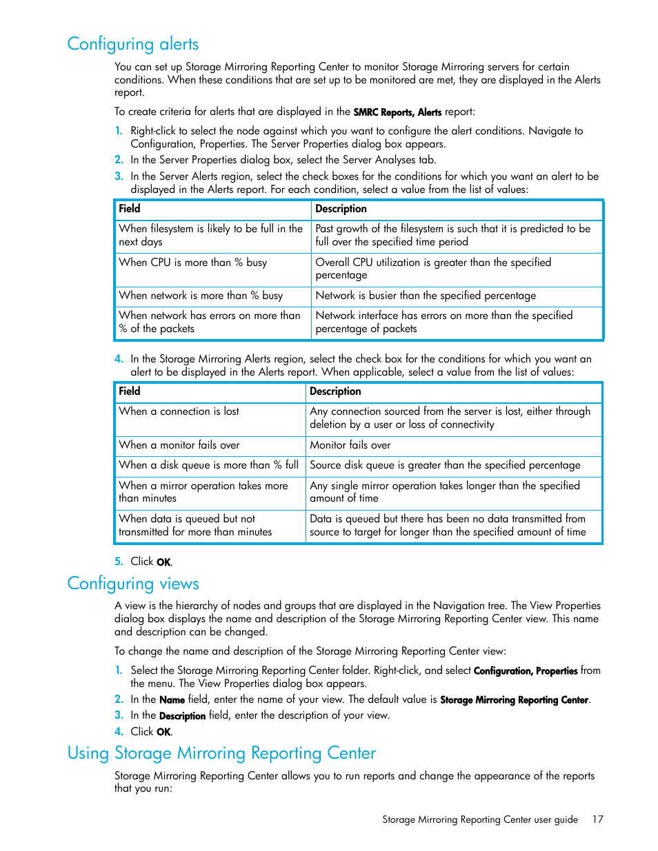 Configuring alerts, Configuring views, Using storage mirroring reporting center | HP Storage Mirroring V5 Software User Manual | Page 17 / 50