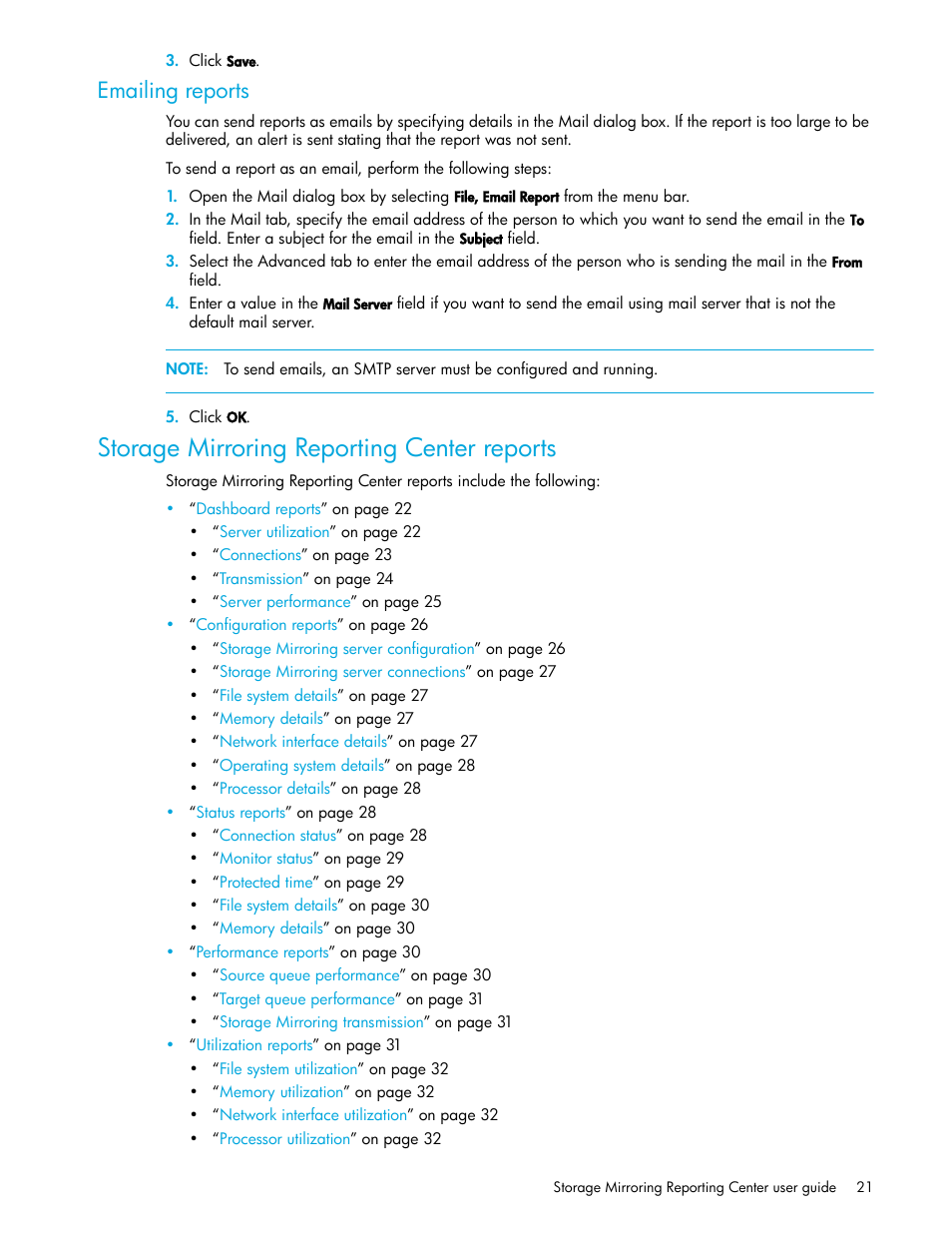 Emailing reports, Storage mirroring reporting center reports, Storage mirroring | Reporting center reports | HP Storage Mirroring V5 Software User Manual | Page 21 / 50