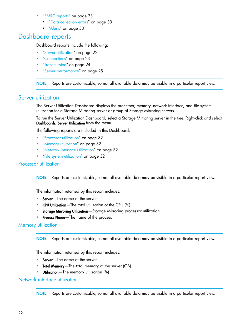 Dashboard reports, Server utilization, Processor utilization | Memory utilization, Network interface utilization | HP Storage Mirroring V5 Software User Manual | Page 22 / 50