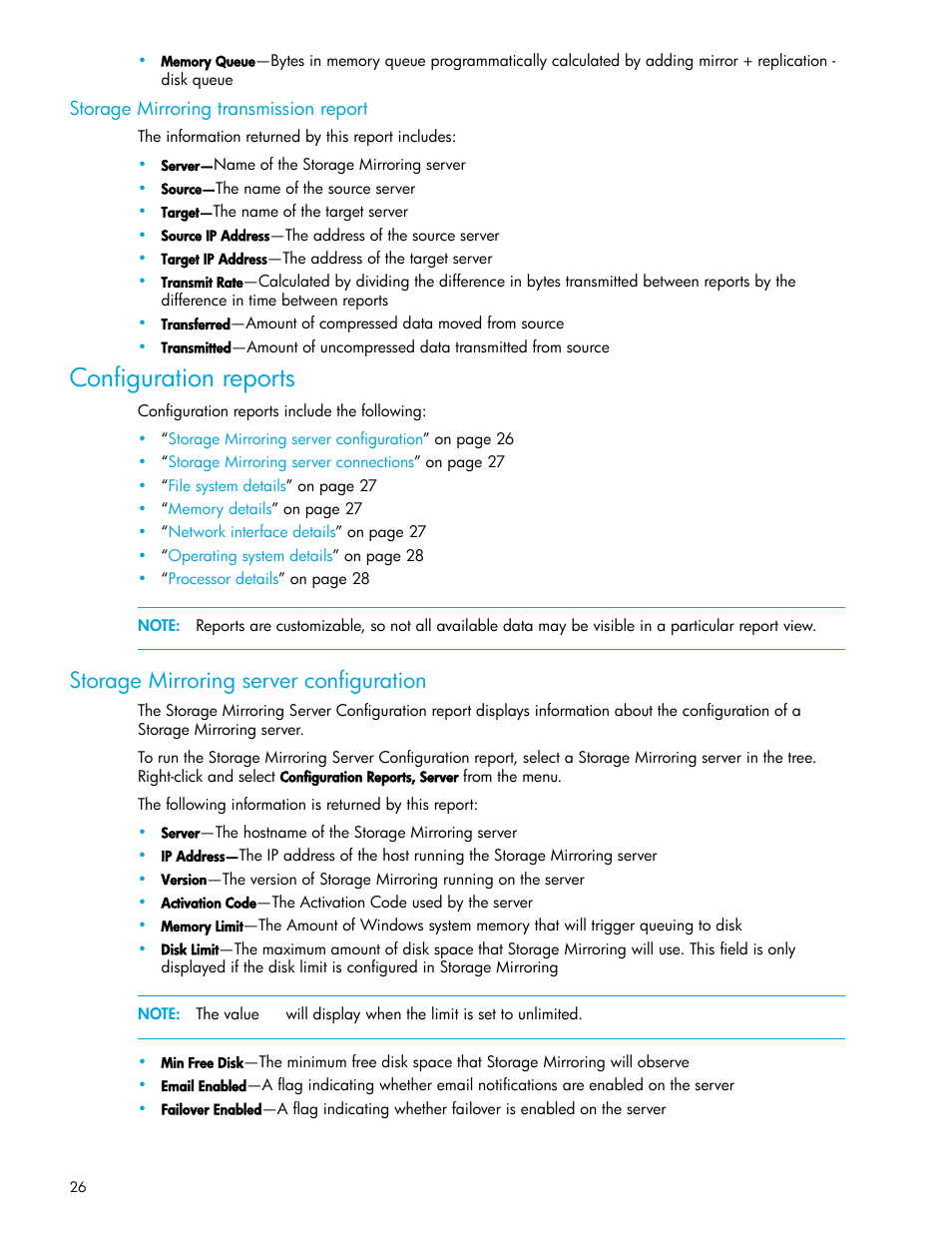 Storage mirroring transmission report, Configuration reports, Storage mirroring server configuration | HP Storage Mirroring V5 Software User Manual | Page 26 / 50