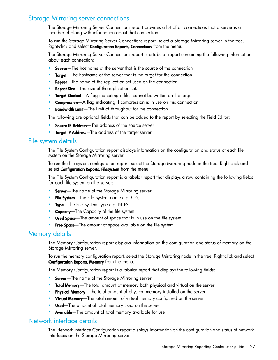 Storage mirroring server connections, File system details, Memory details | Network interface details | HP Storage Mirroring V5 Software User Manual | Page 27 / 50