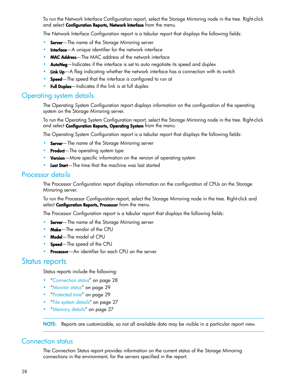 Operating system details, Processor details, Status reports | Connection status | HP Storage Mirroring V5 Software User Manual | Page 28 / 50