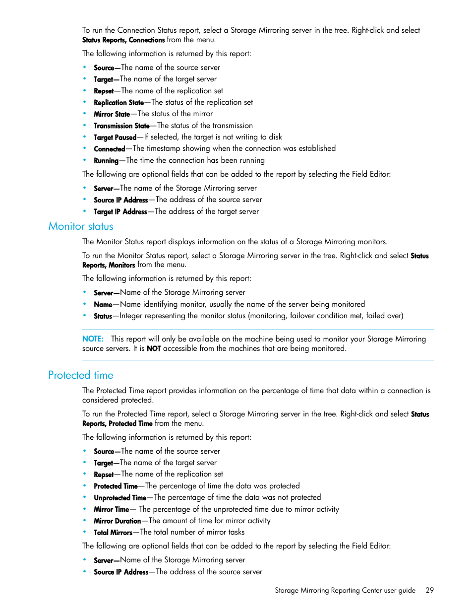 Monitor status, Protected time | HP Storage Mirroring V5 Software User Manual | Page 29 / 50