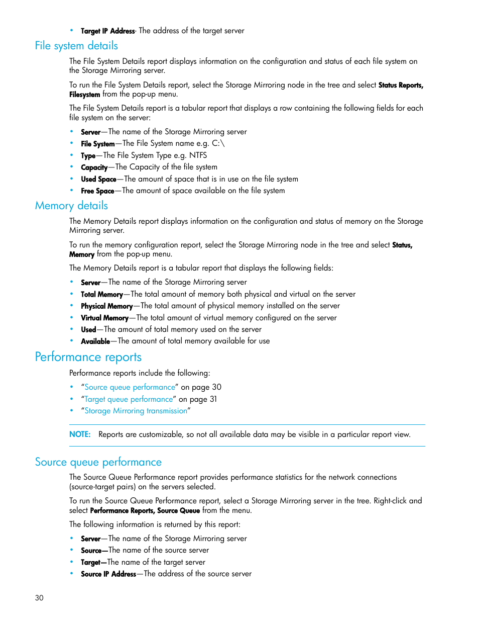 File system details, Memory details, Performance reports | Source queue performance | HP Storage Mirroring V5 Software User Manual | Page 30 / 50