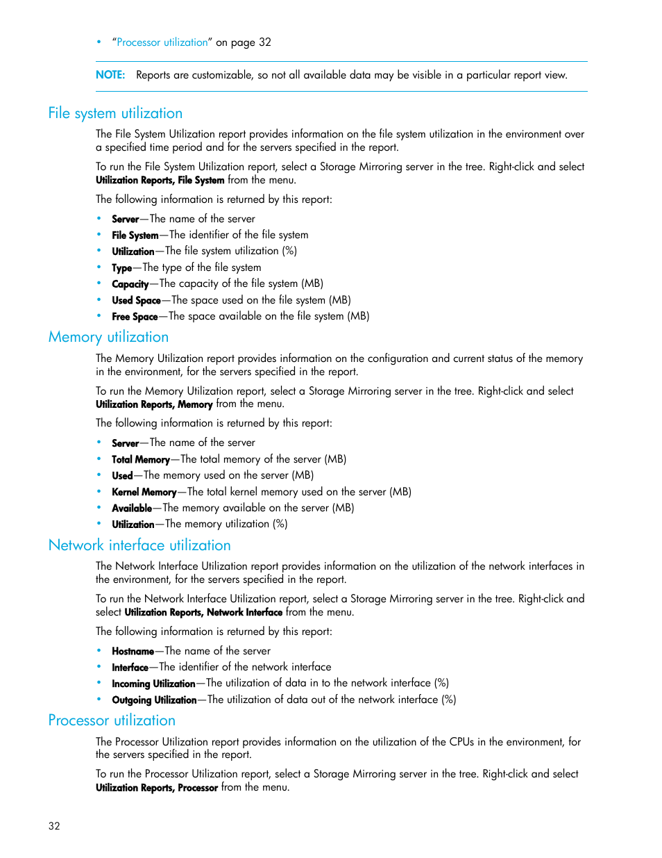File system utilization, Memory utilization, Network interface utilization | Processor utilization | HP Storage Mirroring V5 Software User Manual | Page 32 / 50