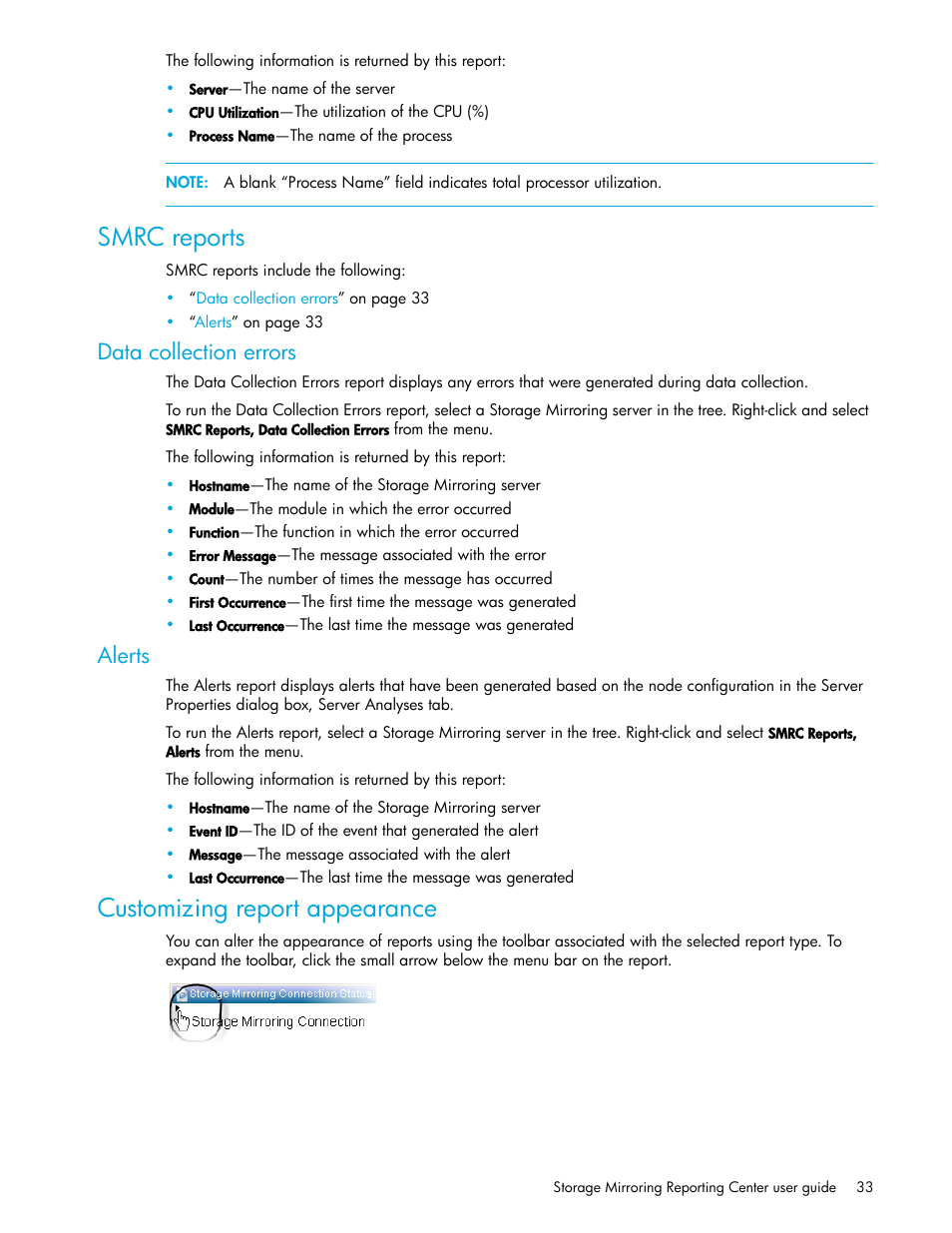 Smrc reports, Data collection errors, Alerts | Customizing report appearance | HP Storage Mirroring V5 Software User Manual | Page 33 / 50