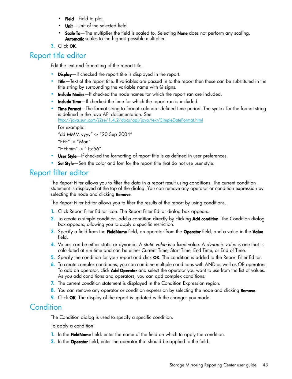 Report title editor, Report filter editor, Condition | HP Storage Mirroring V5 Software User Manual | Page 43 / 50