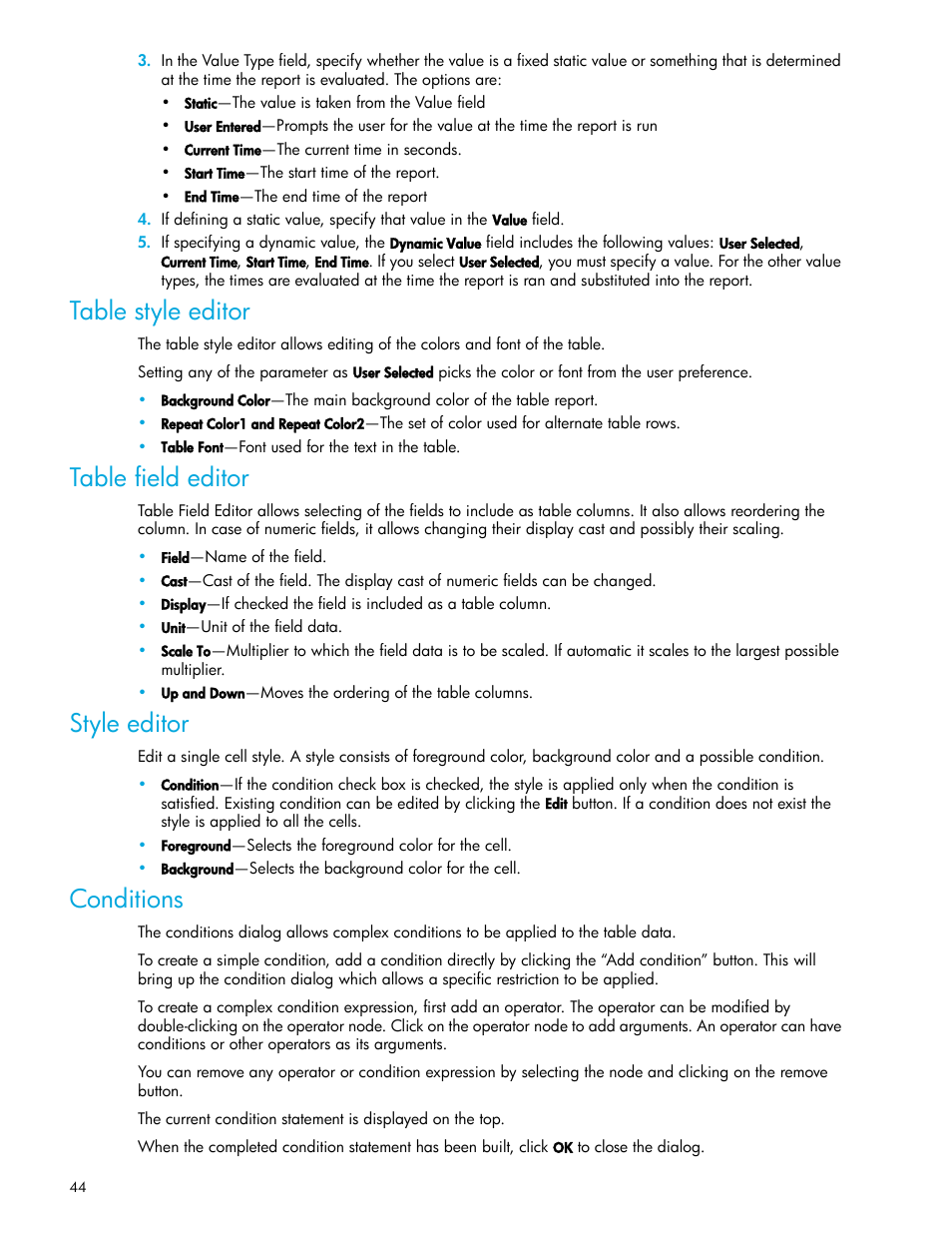 Table style editor, Table field editor, Style editor | Conditions | HP Storage Mirroring V5 Software User Manual | Page 44 / 50